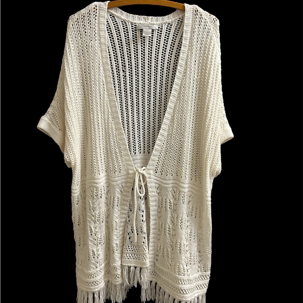 CJ Banks Size 1X Open Knit Short-Sleeve Front Tie White Cardigan Office